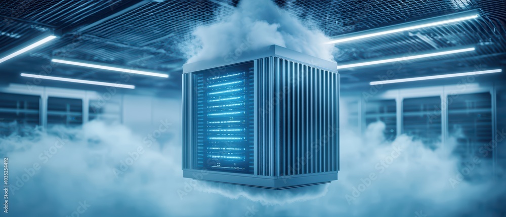 Poster Advanced computing device surrounded by vapor in a modern data center.