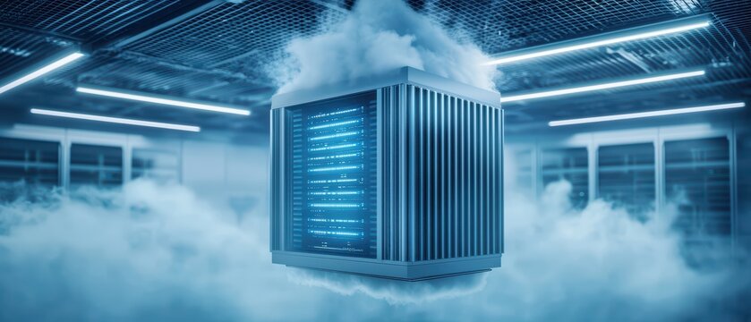 Advanced computing device surrounded by vapor in a modern data center.