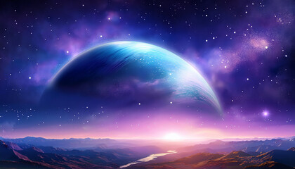 Blue and purple planet is rising over a mountain landscape on an alien world at dawn