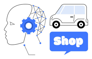 A profile of a human head with a gear and connected lines, a car, and a blue shop sign. Ideal for themes such as technology, artificial intelligence, shopping, e-commerce, and retail. Minimalist