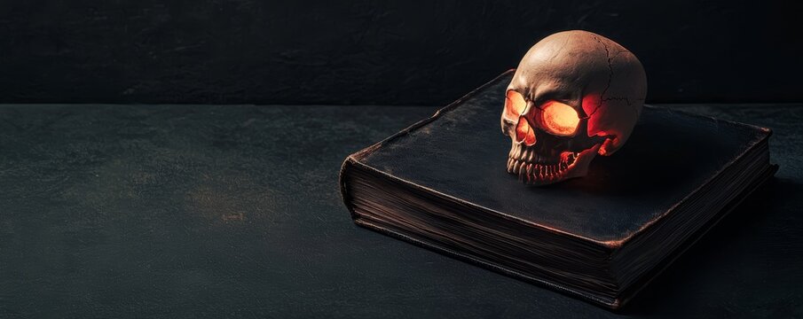 A forbidden book bound in dark leather, with a glowing skull atop it, the faint light revealing cryptic writings and ancient symbols on the table.