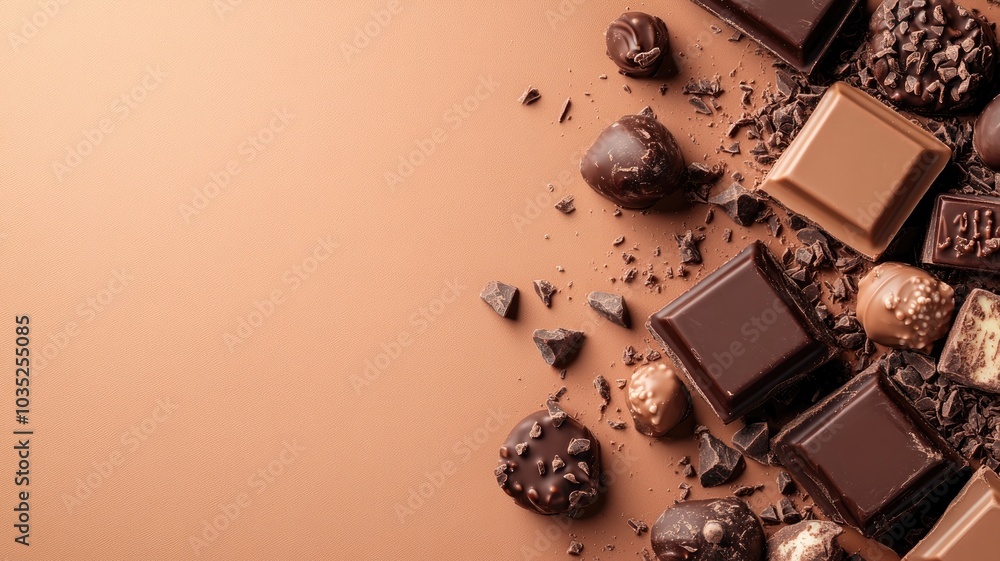 Poster assorted chocolates with various fillings and textures on brown background