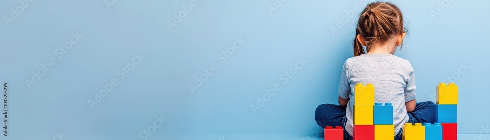 Poster child playing with building blocks on a blue background, focusing on creativity and imagination.