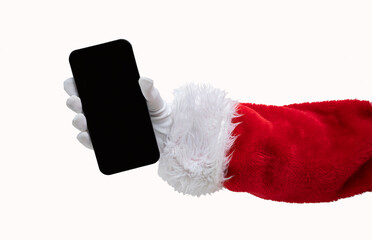 Cropped shot of an Santa Claus hand showing a black mobile phone screen isolated on a white background