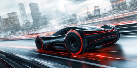 Obraz premium black and red futuristic modern car driving on highway in the city, with motion blur 