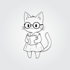 A Cute Girl Cat Reading Book Vector Illustration
