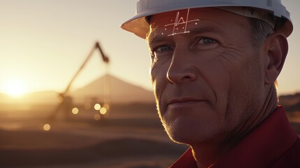 Confident construction worker in a hard hat, overseeing projects during sunset, showcasing determination.