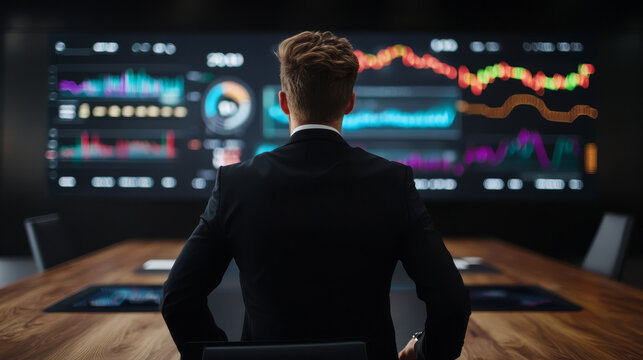 A business presentation in a modern boardroom, with a presenter standing in front of a large screen displaying financial trends