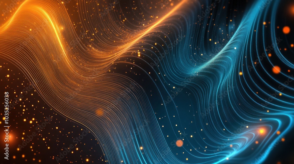 Poster abstract wavy background with glowing lines and sparkles