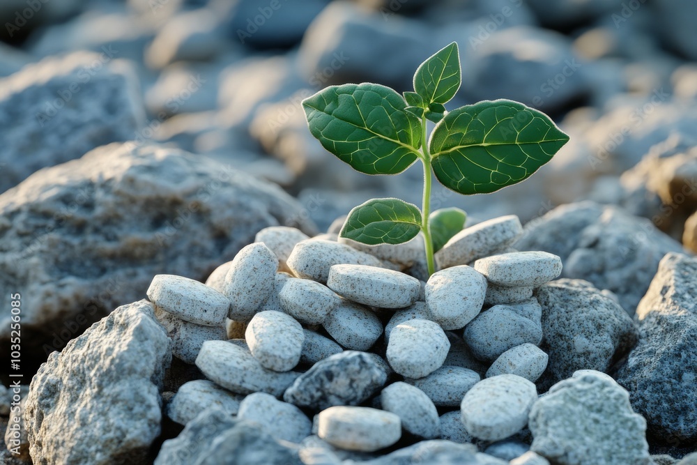 Poster small sprout emerging between rocks symbolizing resilience growth and the persistence of life in har