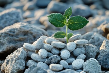 Small sprout emerging between rocks symbolizing resilience growth and the persistence of life in harsh environments ideal for themes of sustainability and environmentalism