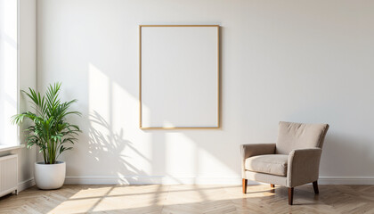 A mockup of a blank poster frame in a living room setting. The frame is gold and the wall is white. There is a beige armchair 