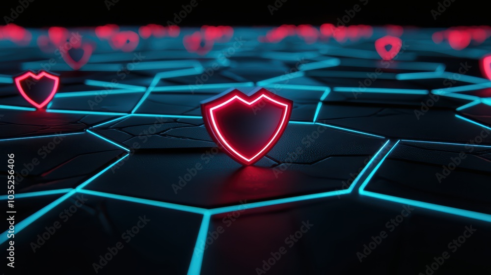 Poster digital landscape featuring glowing shields on a hexagonal grid, representing cybersecurity and prot
