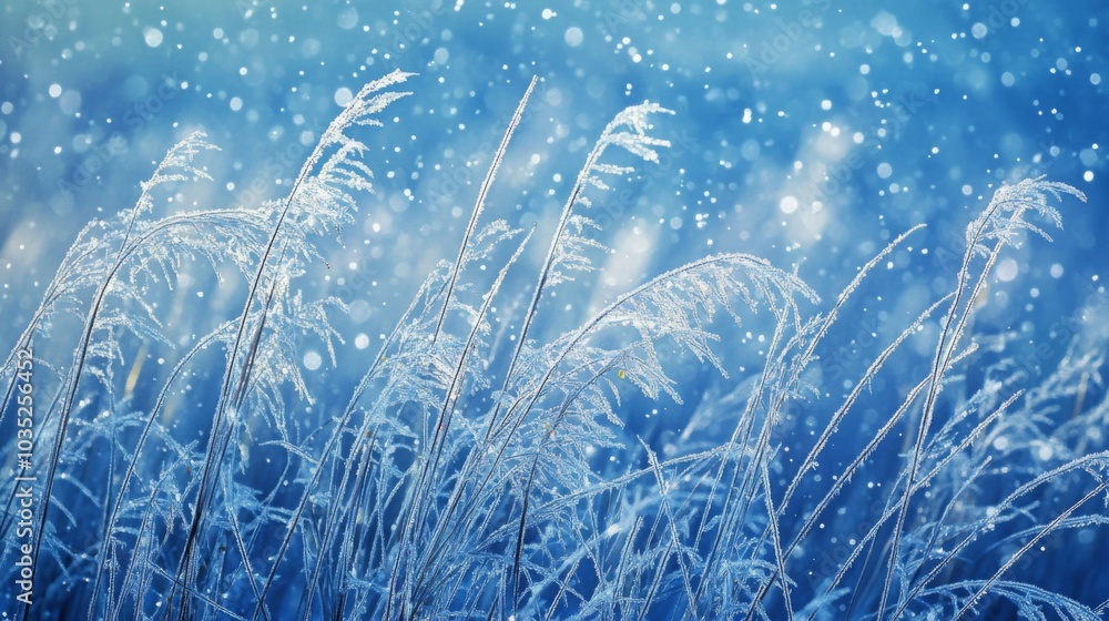 Poster delicate strands of grass are covered with frost, sparkling in gentle winter sunlight. snowflakes dr