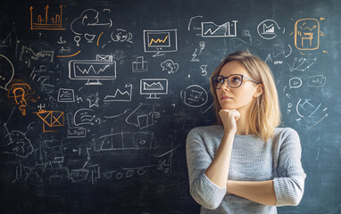 Person standing thoughtfully in front of a chalkboard filled with business-related sketches and symbols, evoking deep thinking, creativity, and strategic planning for a business or startup.