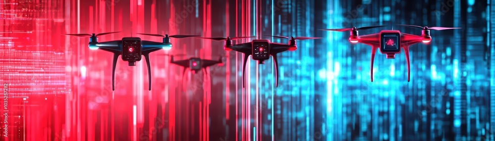Poster four drones flying with digital data streams in red and blue, showcasing modern technology and innov