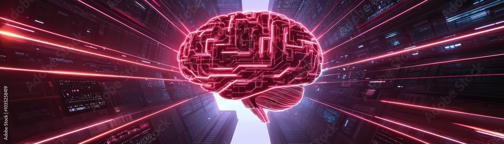 Poster futuristic illustration of a digital brain with neon circuits and dynamic light rays, representing i