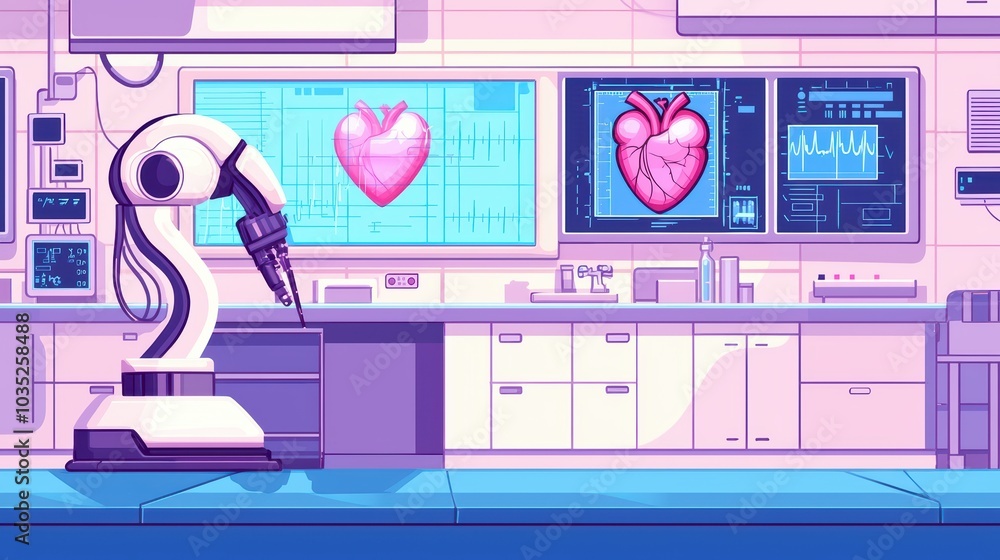 Poster futuristic lab with robotic arm and digital heart displays on screens.