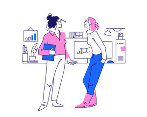 Two women in the office talking about work