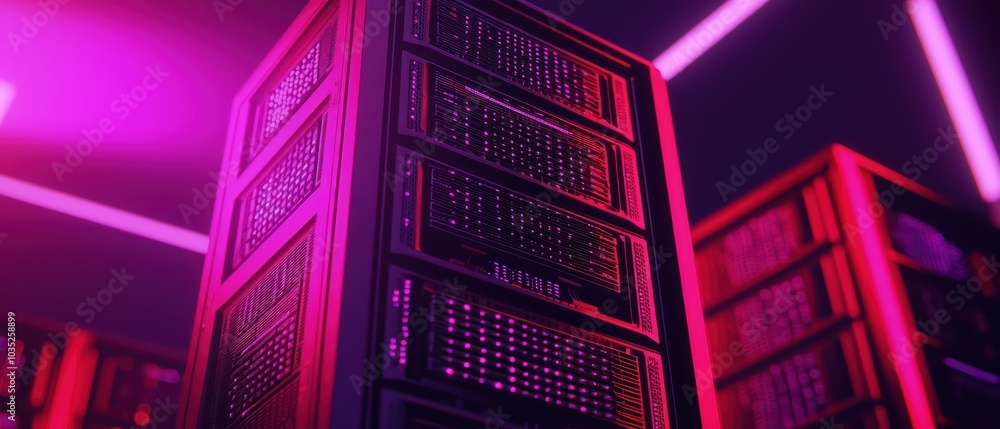 Poster futuristic server rack under neon lighting with dramatic shadows, emphasizing modern computing.