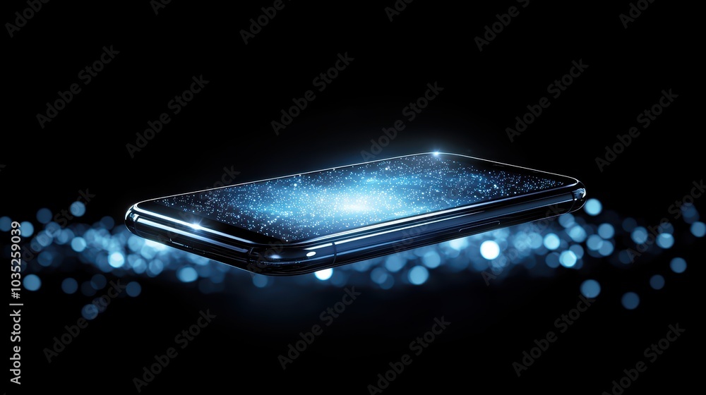 Poster futuristic smartphone with glowing particle effects on a dark background.