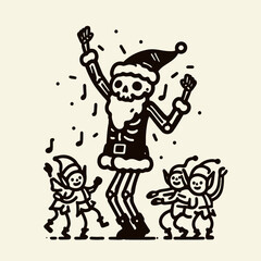 Fototapeta premium A playful illustration featuring a dancing skeleton dressed as Santa, accompanied by cheerful elves in a festive setting.
