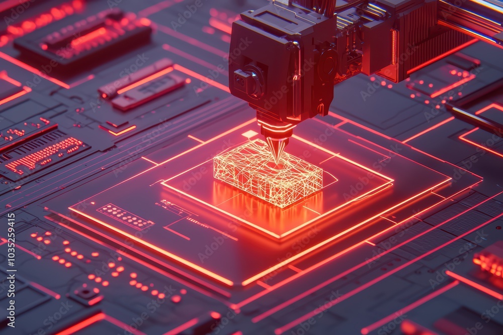 Poster futuristic technology concept with glowing circuits and a mechanical arm processing a microchip.