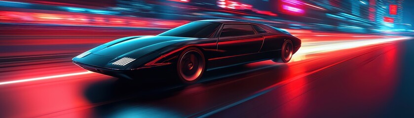 Fototapeta premium Futuristic sports car speeding through a neon-lit city at night, showcasing dynamic movement and vibrant colors.