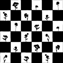 Black silhouette of flowers on black white checkered background seamless pattern.