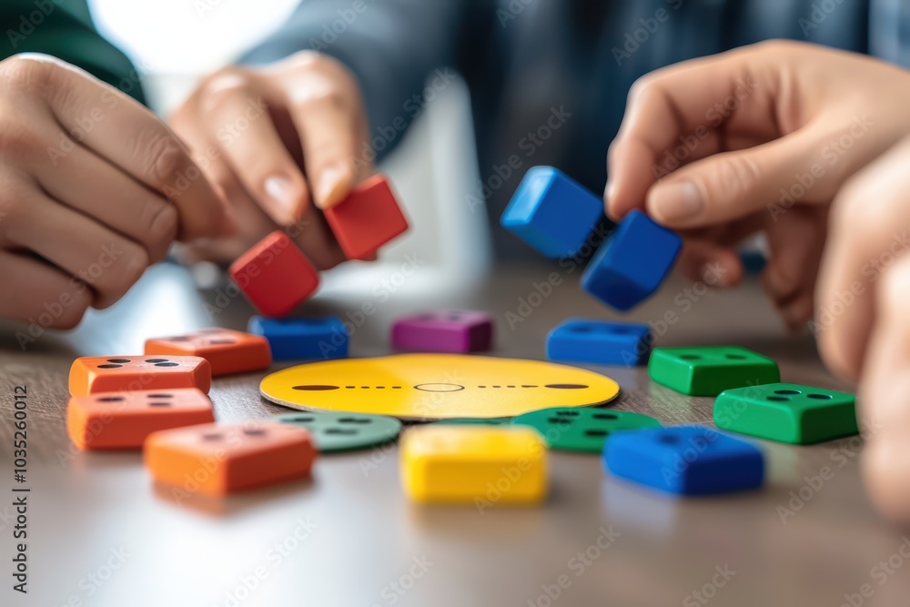 Poster group of hands playing with colorful building blocks on a wooden table.