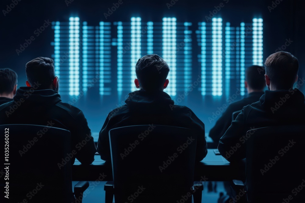 Poster group of individuals observing a high-tech digital display in a dark setting, showcasing advanced te