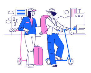 Courier girls on scooters with backpacks in the city