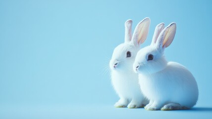 Obraz premium Two white rabbits sitting against blue background