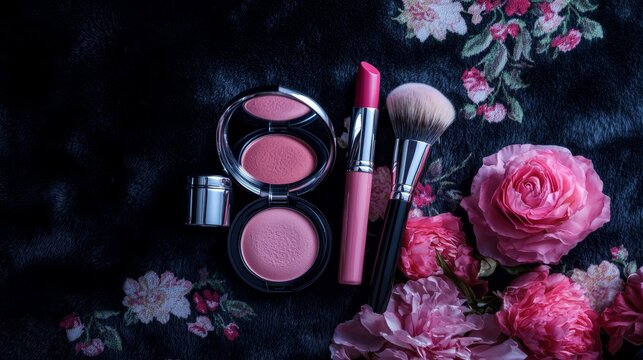 A vintage makeup kit with compact powders, brushes, and lipsticks, placed on a velvet-lined surface with a floral wallpaper background.