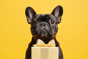 A black French Bulldog holds a gift box wrapped with a golden ribbon against a bright yellow background during a festive celebration. Generative AI