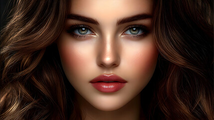 Fototapeta premium Stunning Woman with Long Wavy Hair and Makeup