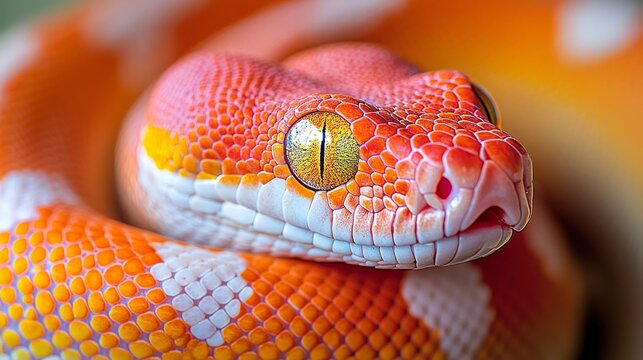 Close-Up Portrait of Vibrant Red, White, Yellow Scaled Reptile with Striking Gold Eyes Staring