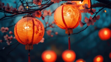 Obraz premium Glowing paper lanterns hanging on cherry blossoms at dusk