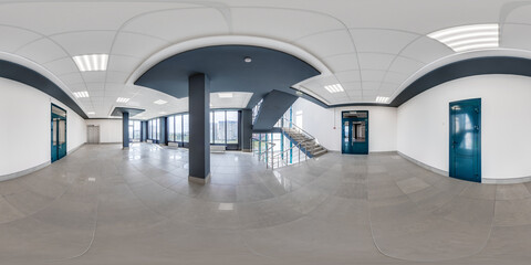 hdri 360 panorama in empty modern hall with columns, doors and panoramic windows in full seamless...