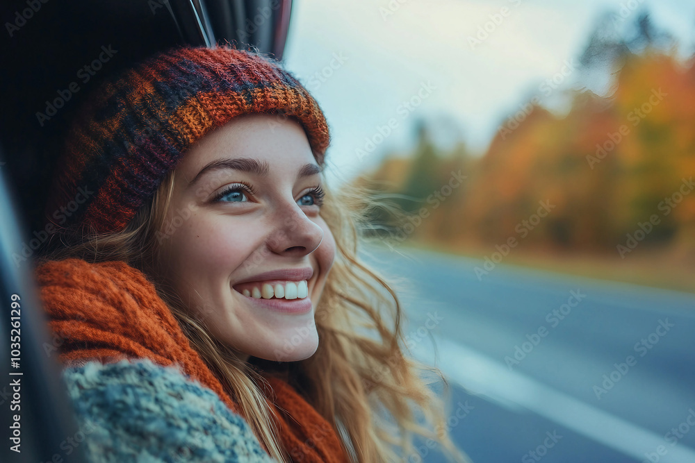 Poster enjoying traveling in autumn forest generative ai image