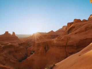 A scenic desert landscape featuring towering red sandstone rocks and a vast canyon under a  sky, capturing the natural beauty of iconic parks in the American 