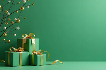 top view, Festive card with Christmas green gifts with gold ribbon, black Friday sale atmosphere, copy space