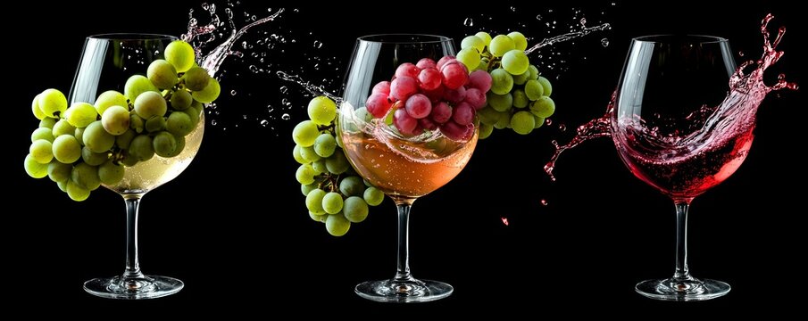 Bunches of grapes merging into wine-filled glasses, with splashes of red and white wine flying outward, symbolizing the process of winemaking.