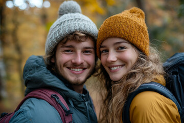 Couple traveling together in autumn forest generative AI