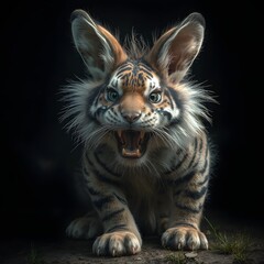 A close-up portrait of a majestic  tiger , showcasing its striped fur, piercing eyes, and playful nature