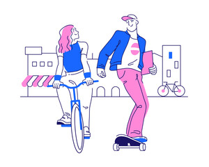 Girl on bicycle and guy on skateboard against backdrop of a cityscape