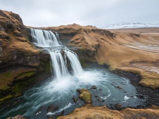 Mountain waterfall flowing over rocks in winter