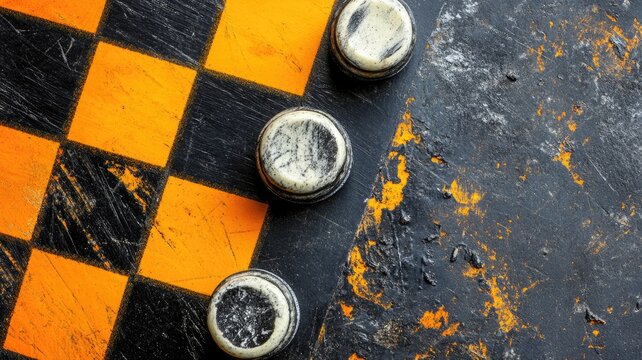 Worn-out checkers board with three game pieces on it