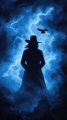 A mysterious figure in a dark coat stands against a stormy, blue-tinged backdrop, with lightning and a raven overhead, evoking a sense of intrigue and drama.