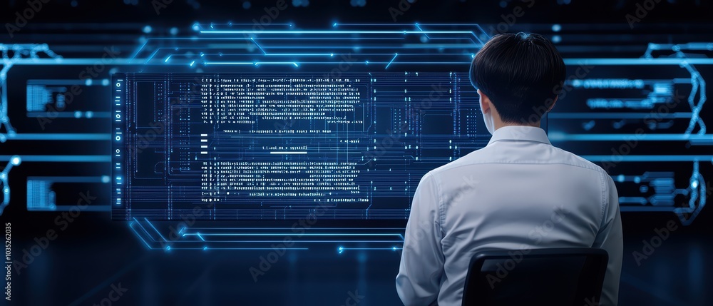 Poster person analyzing data with digital interface in a tech environment, focused and engaged with innovat